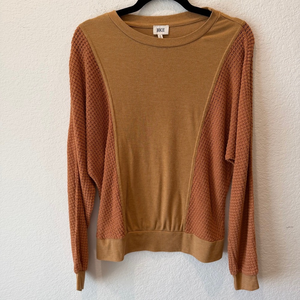 BKE Womens Ribbed Waffle Knit Mixed Media Dolman Top Mustard Rust Small